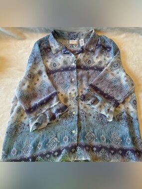 Alfred Dunner 20W Top Blue Purple Flutter Sleeve Crinkled Sheer Poly Shirt